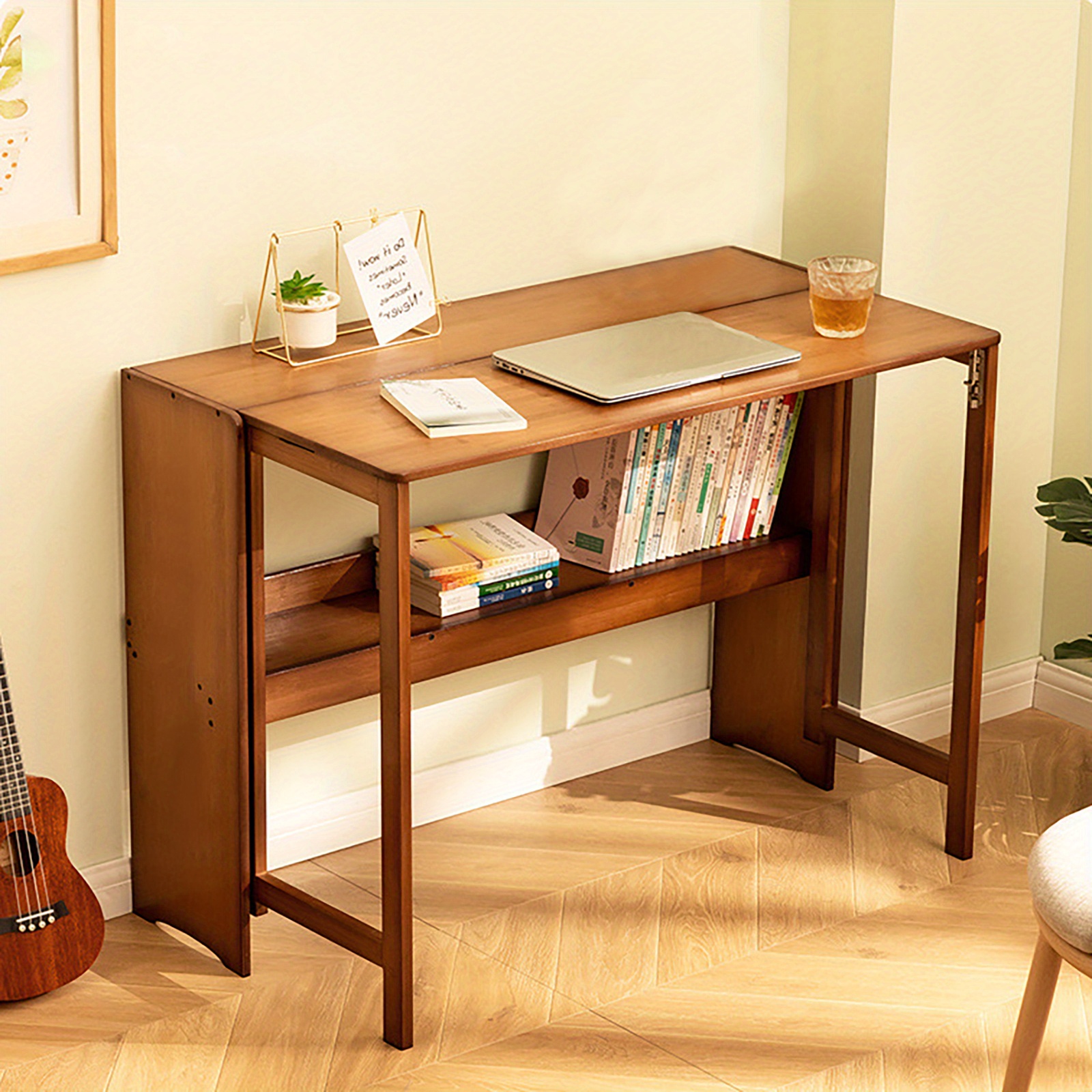 Bamboo Folding Desk, Laptop Desk with Storage Shelf Writing Desk Vanity Table Small Computer Table Space Saving Workstation for Home Office Dark Brown