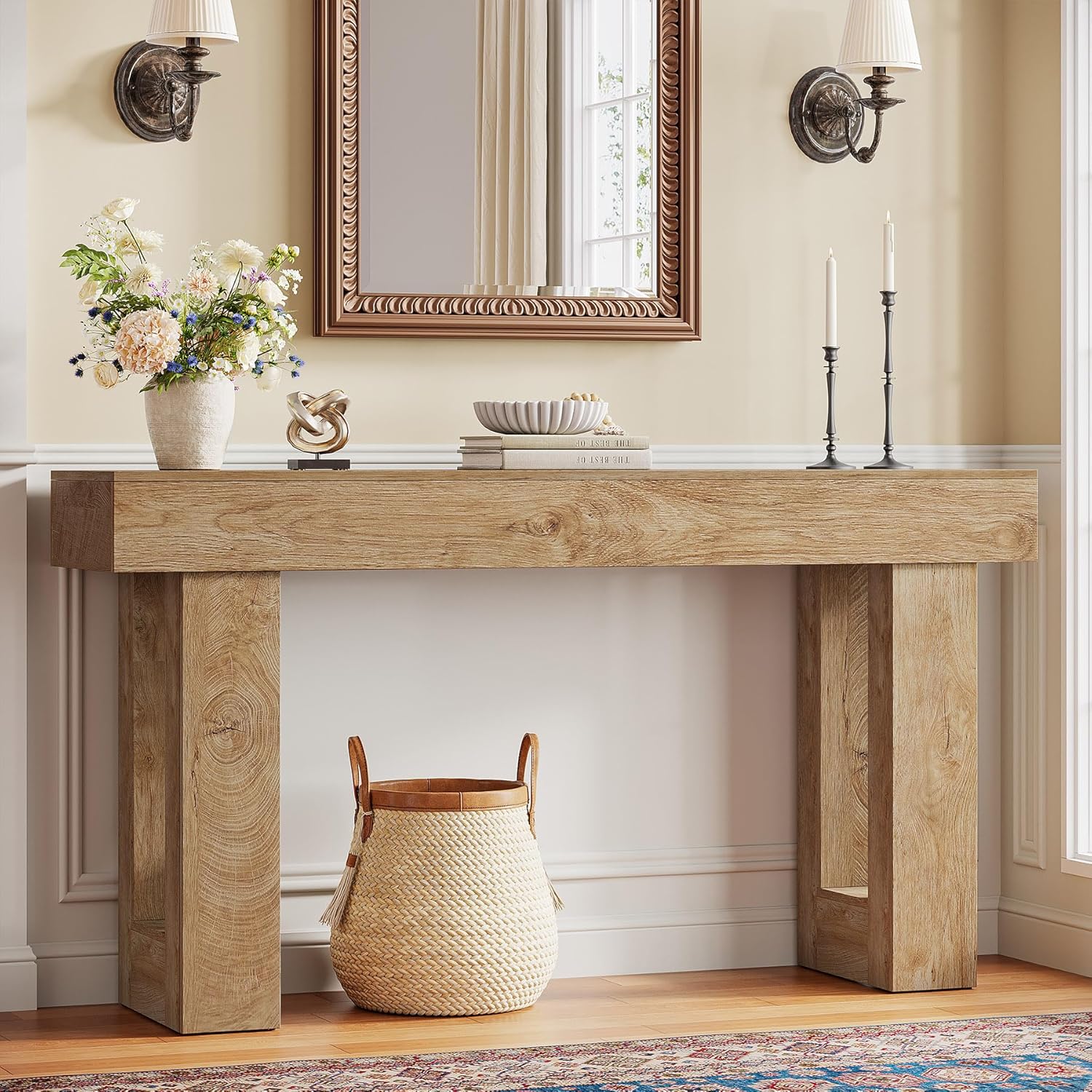 63" Farmhouse Console Table - Natural Wood & Metal Construction, Rectangular Accent Sofa Table For Entryway, Hallway & Living Room
