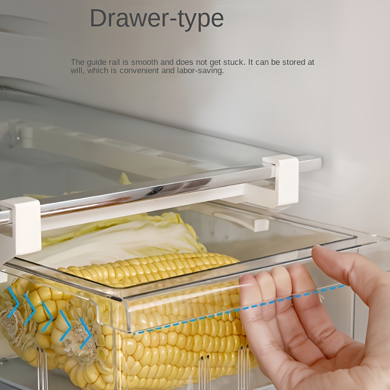 1pc Refrigerator Drawer Organizer Egg Rack, Refrigerator Drawer Storage Box Hanging Basket, Kitchen Fresh-keeping Freezer Shelf Holding Artifact, Suitable for Pull-out Refrigerator Drawer, Transparent Fruit and Vegetable Storage Box