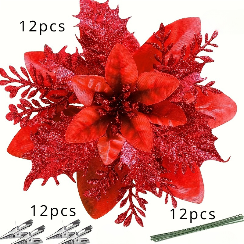 TEMU 36pcs Glitter Christmas Star Floral Hanging Ornament Set, 12 Shiny Glitter Christmas Flower Decorations With 12 Clips And 12 Stems - Perfectly