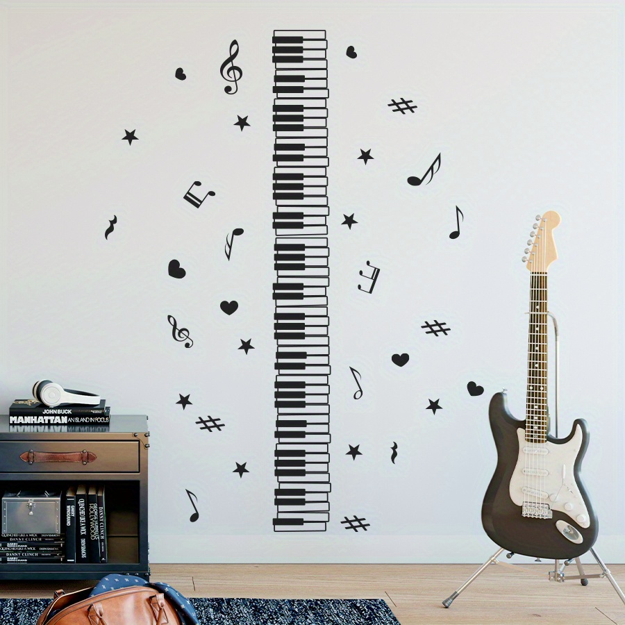 홈 휴식] 음악 테마 pvc 벽 스티커 - 피아노 키 및 노트 패턴, 거실 장식용 자체 접착식 제거 가능 스티커, 반마ット 피니시,  쉬운 설치, 음악실 장식 - 홈\u0026주방 - Temu, image size:900x900