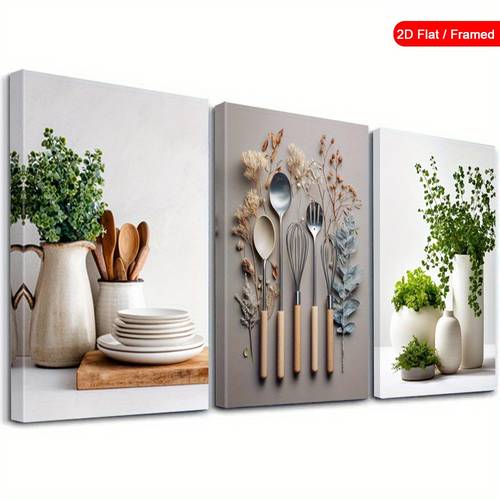 3pcs framed cozy kitchen wall arts minimalist dining canvas wall art botanical charm art prints poster print nature inspired artwork wall decor home decor modern posters for living room bedroom bathroom kitchen with framed 2d flat 2d flat room decor