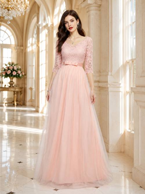 Women s Lace Tulle Wedding Dress - A-Line Maxi Evening Gown with Bow Waist, 3/4 Sleeve Bridesmaid Prom Dress Suitable for Guest Dresses, Prom Parties, Formal Wear