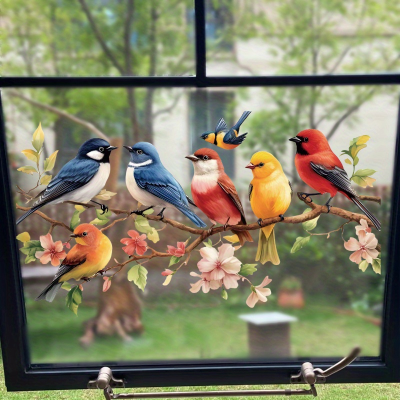 E-shop Kreative baumförmige Fensteraufkleber mit bunten Blumen Vögeln für Schlafzimmer, Wohnzimmer, Schaufenster, Wanddekoration, statisch haftende