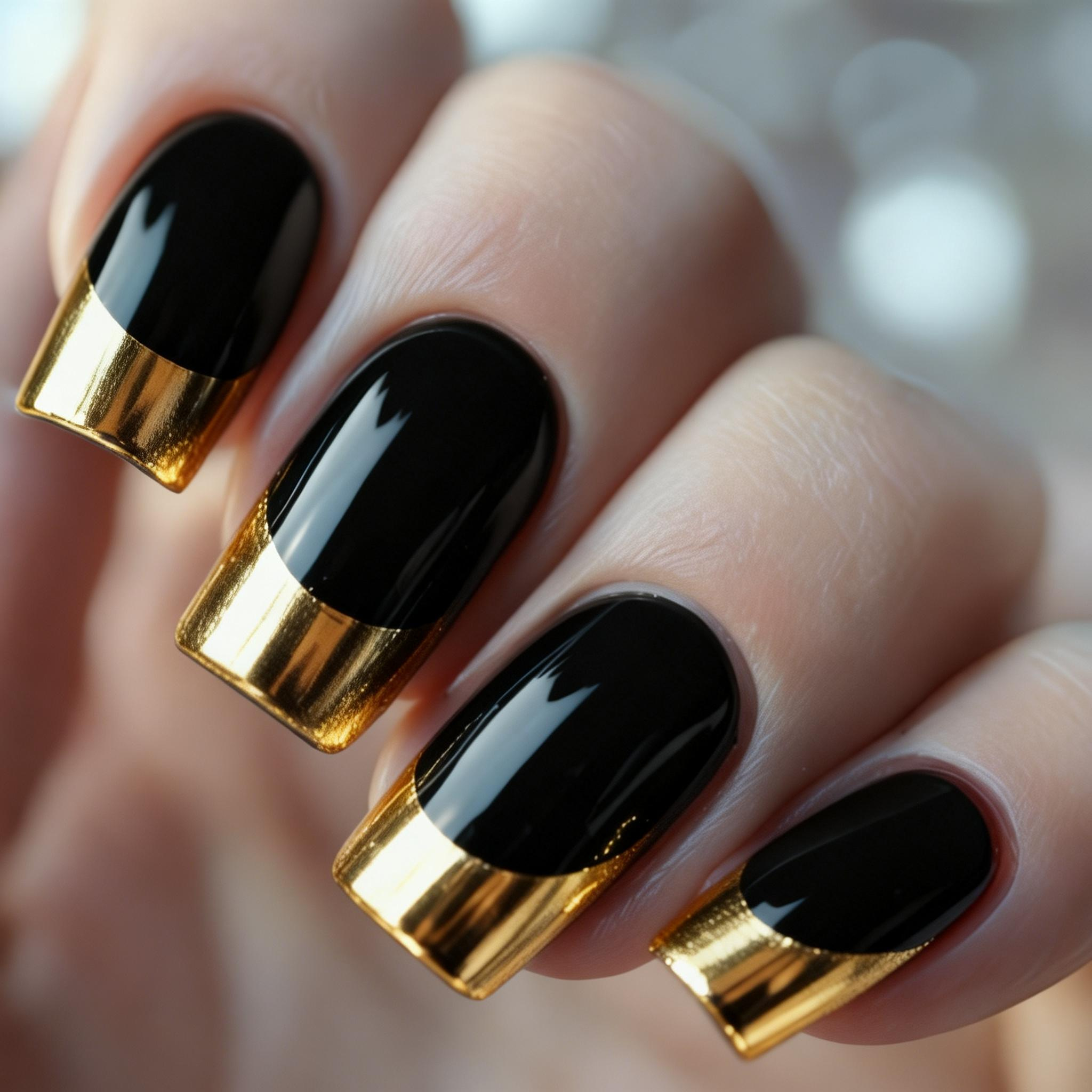 24pcs Medium-length Nails, Gold- French False Nails, Black Nail Art, Detachable False Nails, Nails, Press-on Nails, Women's Nail Art, Minimalist , Suitable For Women, Daily, Date, Party Occasions