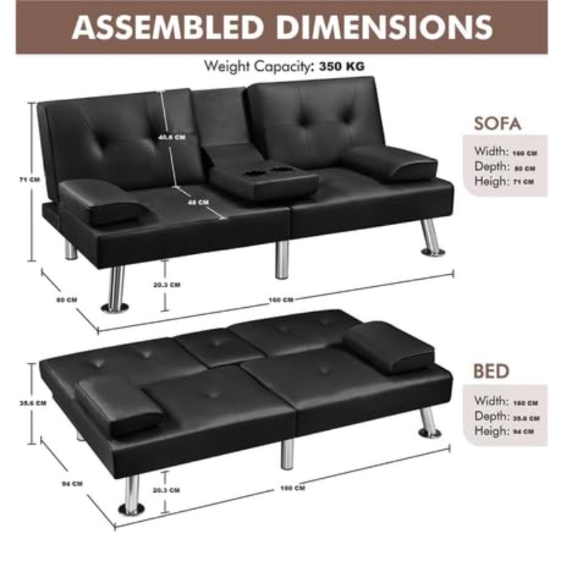 Modern Faux Leather Sofa Bed with Adjustable Recliner And Cup Holders Black