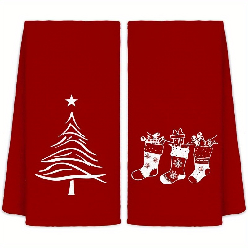 TEMU 2pcs Festive Christmas Kitchen & Bath Towels - 18x26 Inch, Red With White Christmas Tree & Snowman Design, Soft Polyester, Machine Washable, Holiday Decor, Christmas Decorations