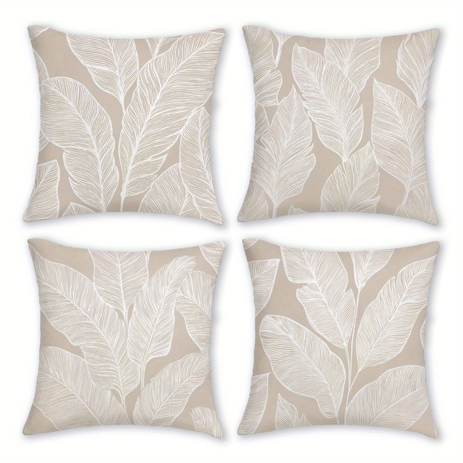 4pcs Boho Minimalist Tropical Leaves Printed Throw Pillow Covers 18x18 Inch, Soft Short Plush Polyester Farmhouse Decor With Zipper Closure For Living Room Sofa Outdoor, Beige Accents (no Inserts)