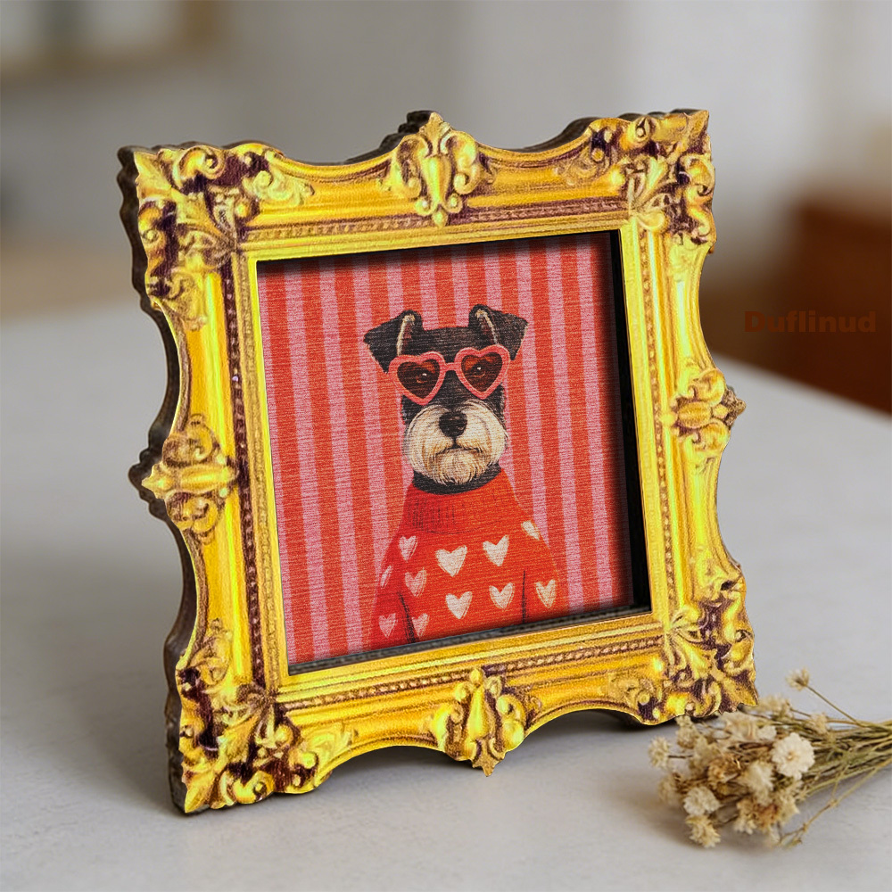 TEMU 1pc Duflinud Schnauzer Dog Magnet Suitable For Fridge, Wood Magnetic Decoration With Heart-shaped Glasses & Mini Schnauzer Art, Square Magnetic