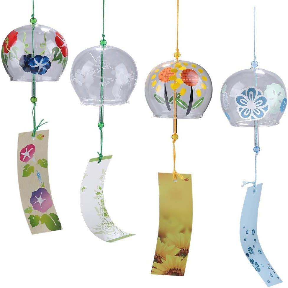 4pcs Japanese Wind Chime with Wind Bells & Handmade Flower Pendants - Outdoor/Indoor Garden Decor, Soothing Sound Hanging Ornament Suitable for Home,, Balcony Decoration, Birthday Gift for Zen