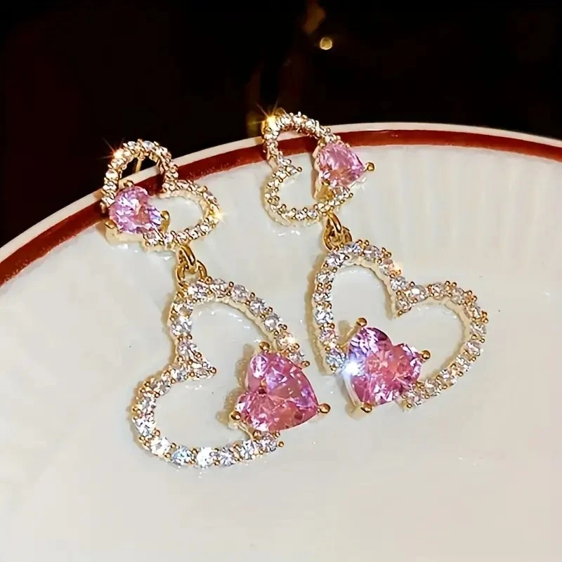 1 pair elegant pink heart drop earrings for women luxurious with sparkling crystals perfect valentine s day gift or party jewelry cute and stylish accessory valentines jewelry heartshaped earrings intricate details 0