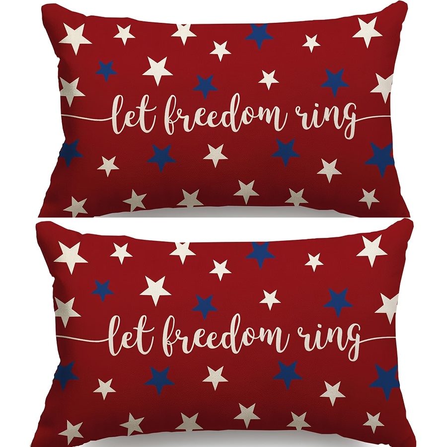 TEMU Set Of 2 Patriotic Pillow Covers Featuring The "let " Made Of Polyester, Measuring 12x20 Inches, In Red With Blue And White Stars. Come With A Hidden Zipper And Are Machine Washable