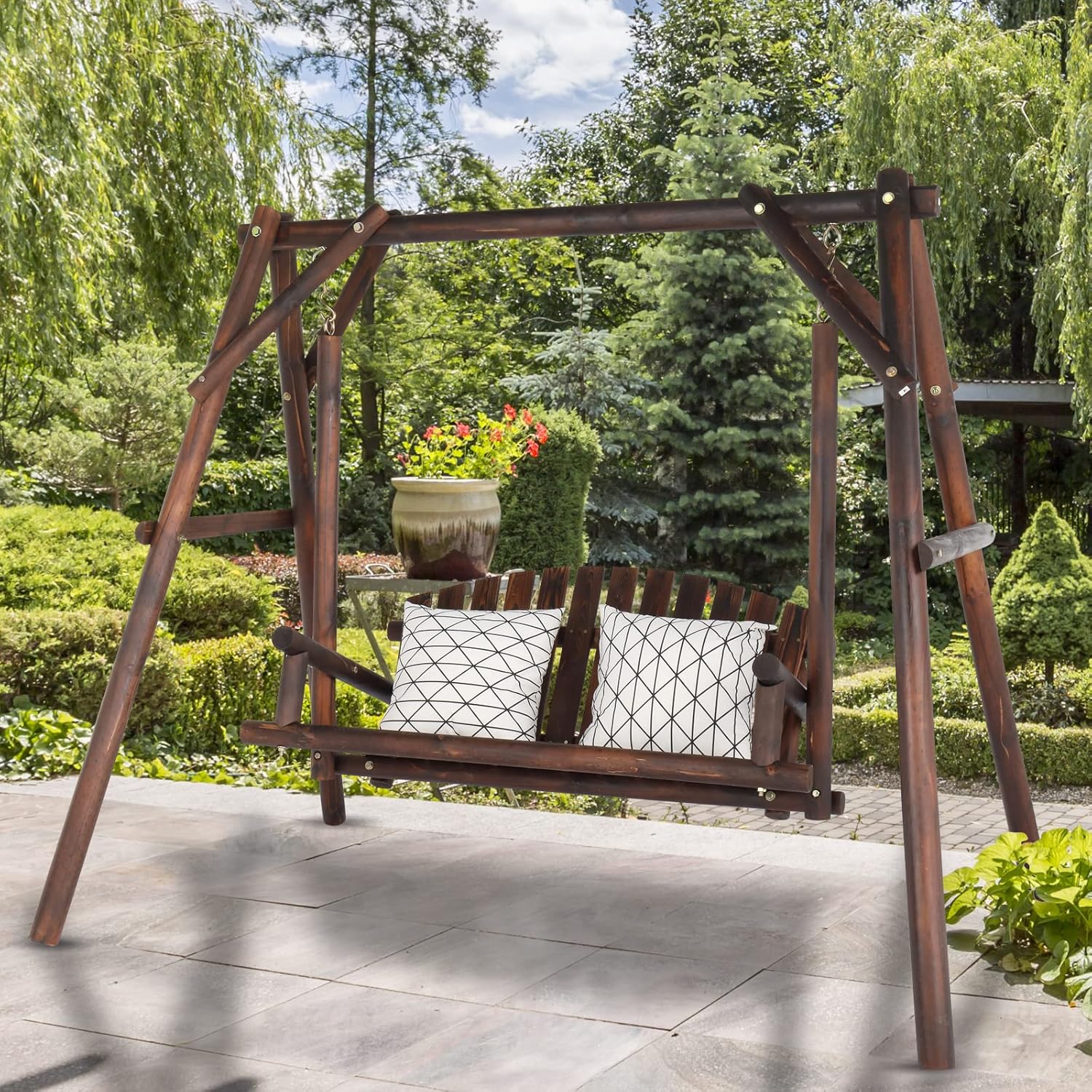 [Heavy Duty Swing] Bonnlo Heavy Duty 880 LBS Wooden Patio Porch Swing with A-Frame Stand, Hanging Swing Bench Chair with Frame for Outside, Yard, Garden (Rustic Sequoia Dusk/Natural)
