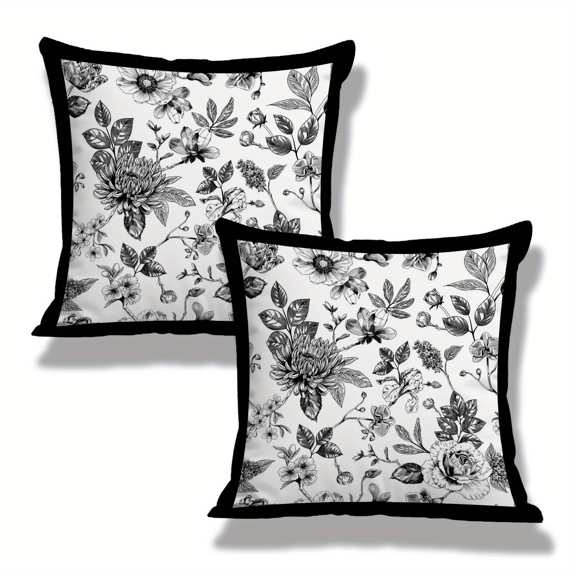 TEMU 2d Flat 2pcs Set Vintage Black And White Floral Trim Pillowcases, Suitable For Home Sofa Decoration, Home Accessories, Holiday Gifts, Bedroom