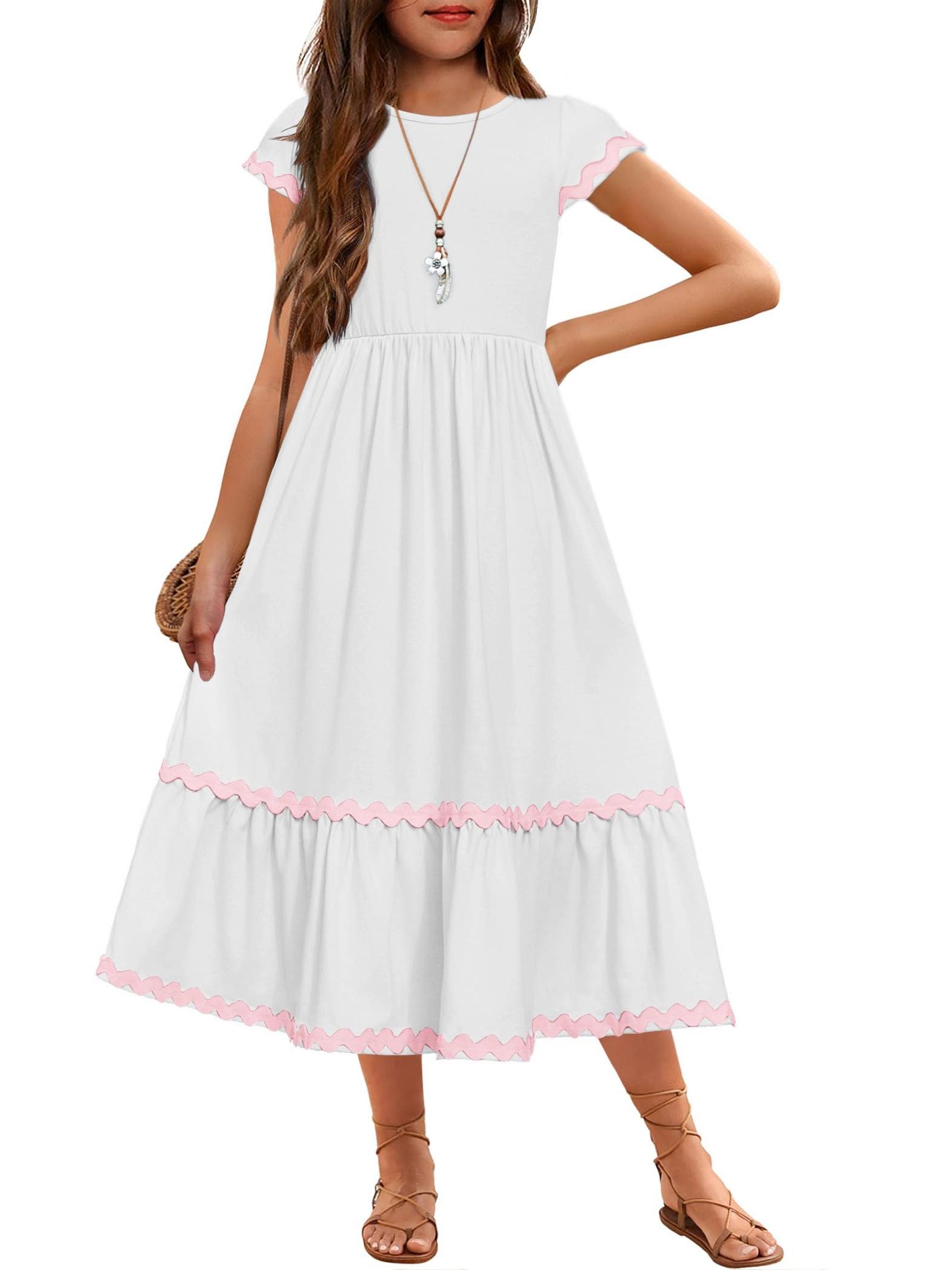 girls summer maxi dresses short sleeve casual flowy tiered - Temu