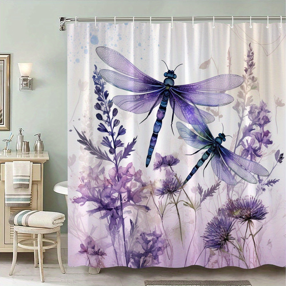 TEMU 1pc Purple Dragonfly Shower Curtain, Watercolour Botanical Animals Home Hanging Curtain With 12 Hooks, Bathroom Decor, Bathroom Accessories,