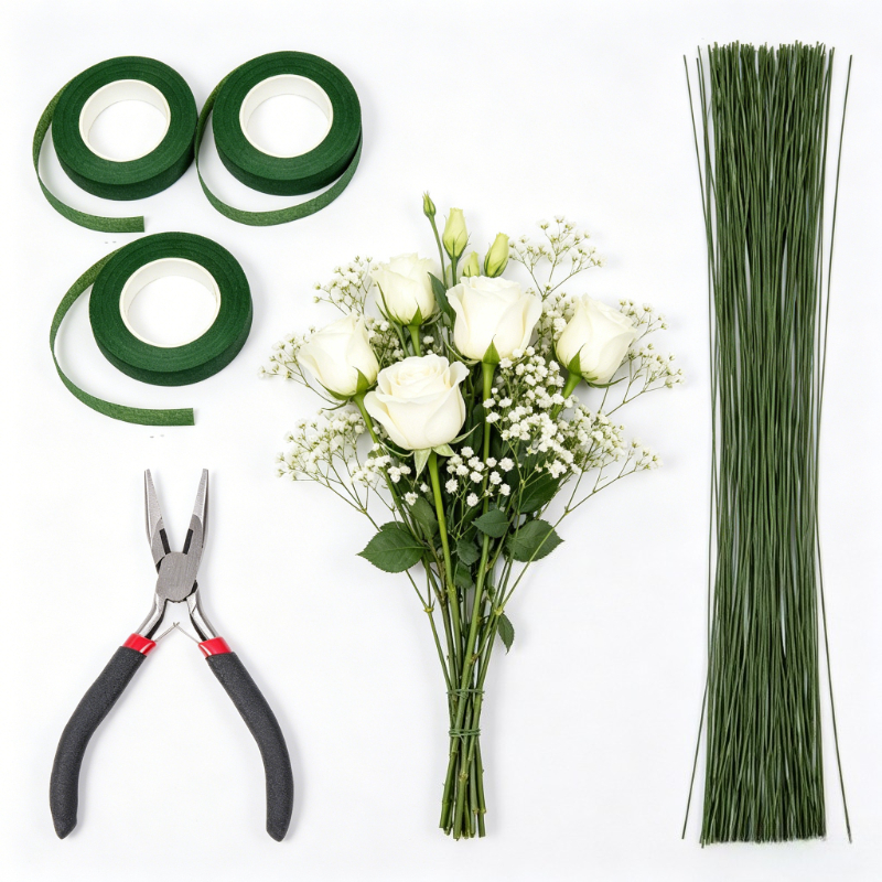 TEMU Floral Tape And Wire Set (includes 1 Pair Of Wire Cutters, 100 Floral Stem Wires, And 3 Rolls Of Wrapping Tape); Suitable For Bouquet Making And