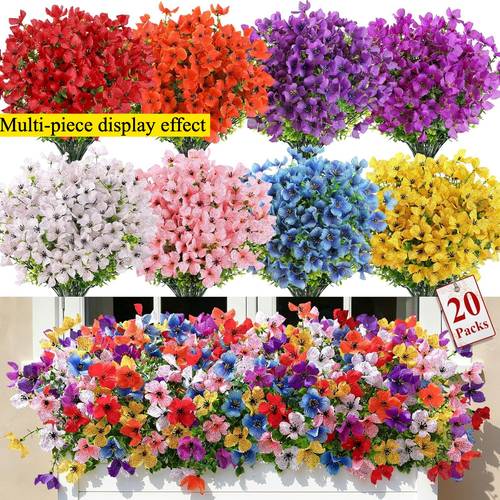 20 bundles artificial flowers outdoors decoration mums eucalyptus realistic uv resistant faux plants for outside indoor planter porch yard decor mix 8 colors