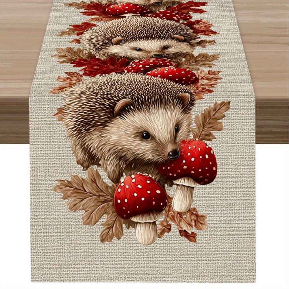 TEMU ., Tischläufer mit Pilz-Igel-Arrangement, ganzjähriger Tischläufer mit Naturmotiv, europäischer Herbstwald-Stil, 2D-bedruckter -Tischläufer,