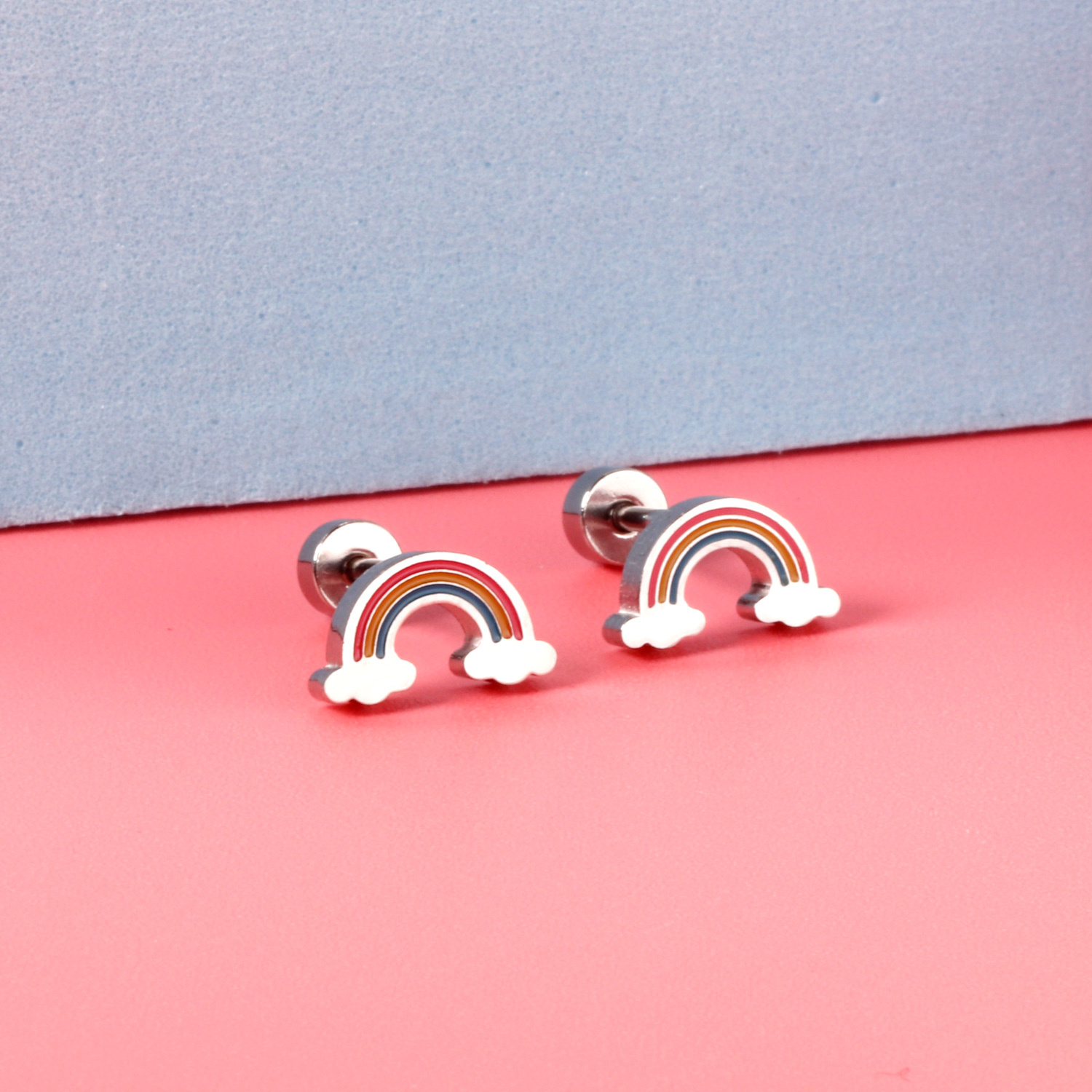 Rainbow Cloud Stud Earrings Golden Tone Colorful Women Wedding