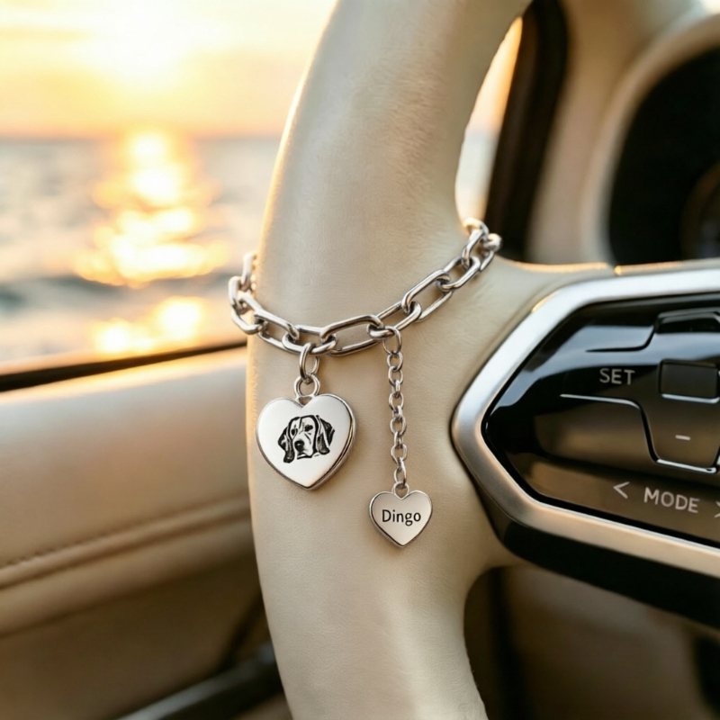 TEMU Personalized Custom Heart-shaped Laser Printing Pet Portrait/text Chain Pendant For Car Steering Wheel Decoration, Carrying Of You And Your Pet,