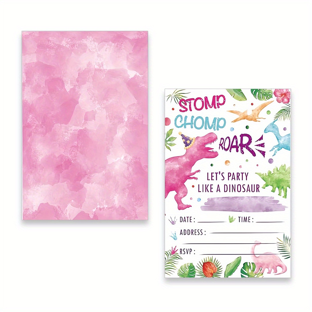 TEMU 10pcs Swatercolor Dinosaur Party Invitation Birthday Invites Cards Pink Golden Glitter Design Dinosaur Party Invitations For Students