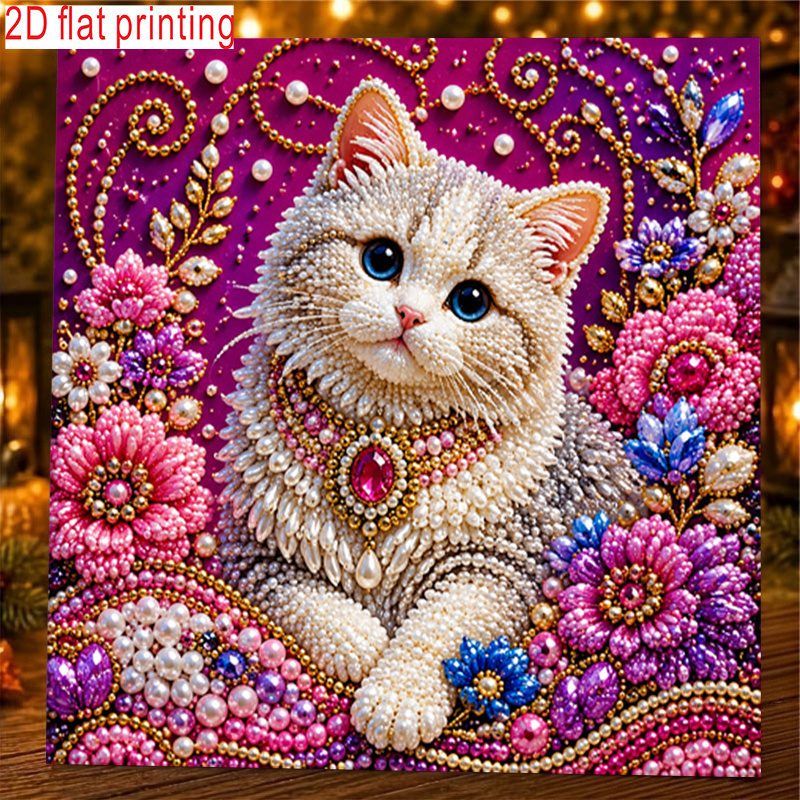 TEMU 1pc, 2d Flat Printing, Pearl Art Diamond Painting Kit, Bead-style Luxurious Cat With Purple Background With Jeweled Flowers, And Adorable Kitten