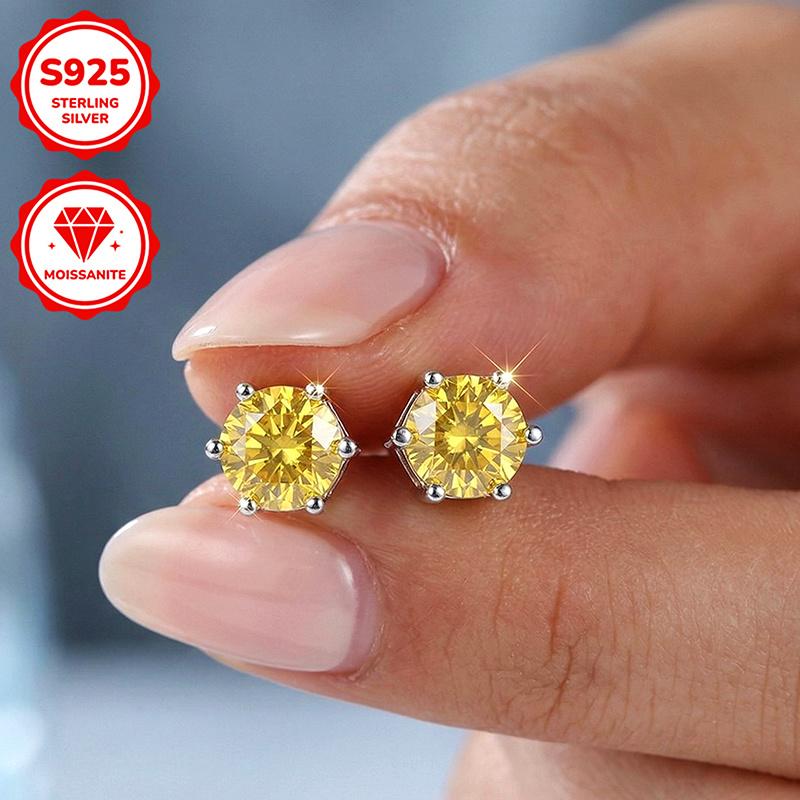 Women's 0.5/1/2/3 Carat Yellow Round Moissanite 925 Silver Stud Earrings