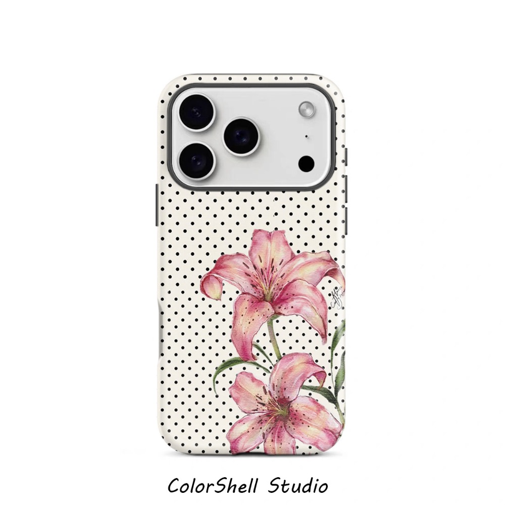 TEMU Phone Case: Polka Dot Lily Flower Phone Case For Iphone 17/17 Pro/16 Pro - Coquette Aesthetic Watercolor Floral Cover