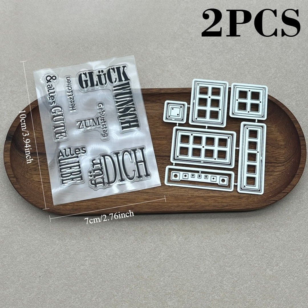 Image of German Phrases Clear Stamps And Metal Cutting Dies Set, Geometric Die Cuts For Birthday Card Making Scrapbooking Paper Craft