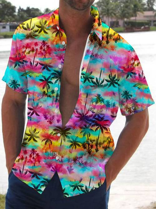 mens tropical print hawaiian shirt vibrant palm trees design casual button up collar non stretch fabric regular for summer outfits