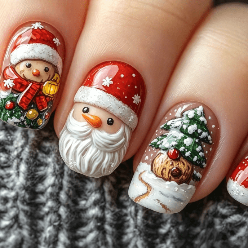TEMU 72pcs Christmas Themed Fake Nails For Women. Short Square Glossy Nails Featuring 3d Effect Santa Snowman Christmas Tree Snowflake Winter