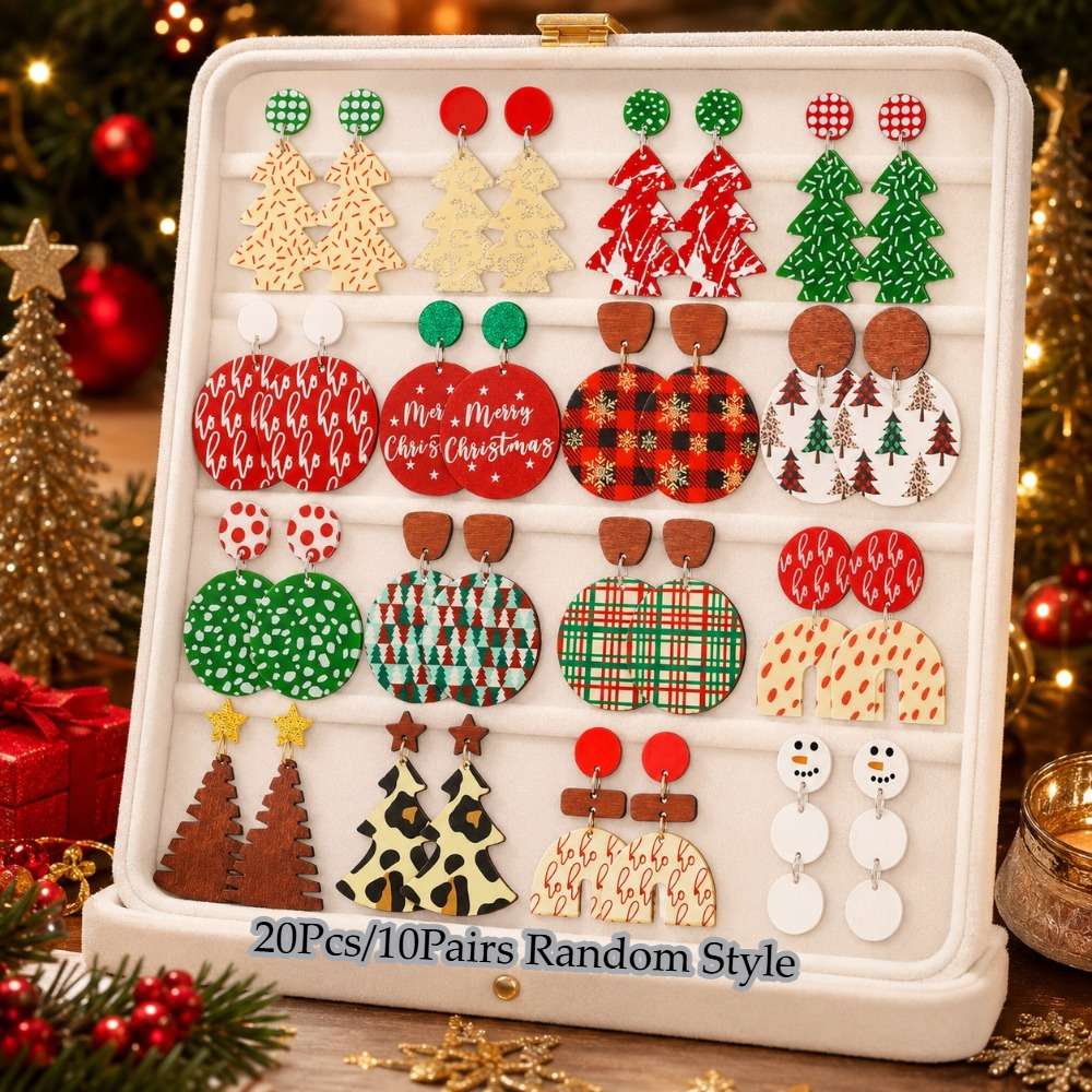 TEMU 20pcs/10 Pairs Random Style Acrylic Christmas Dangle Earring Set For Women, Cute Colorful Christmas Tree Charm Earrings, Holiday Party Decor