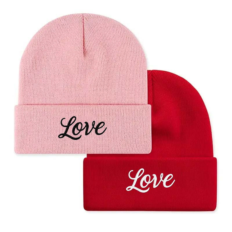 TEMU 2-pack "love" Fashion Embroidered Warm Hats, Unisex Couple's Outdoor Winter Hats, Autumn/winter Simple Slouchy Beanie, Versatile And Stylish