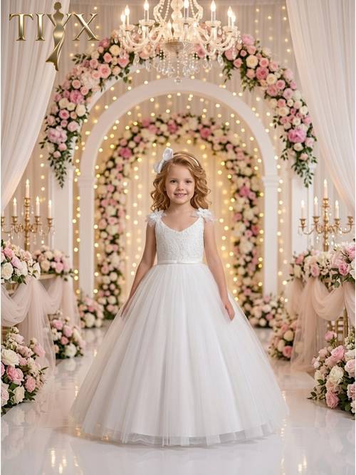 White Lace 3D Floral Shoulder Tulle Ball Gown Contrast Lace Bow Back Princess Dress for Wedding Easter Christmas