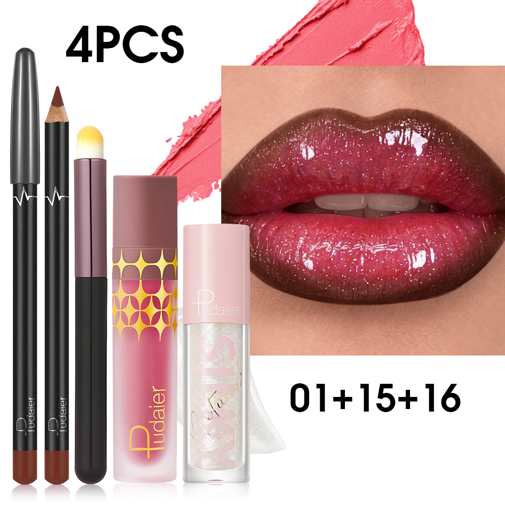 Image of Pudaier 4pcs Lip Liner + Matte Lip Gloss + Silver Sparkle Lip Gloss + Lip Brush, 8 Color Combinations, 24h Waterproof & Transfer-proof, Non-sticky Long Lasting, Gift For Women Makeup For Women