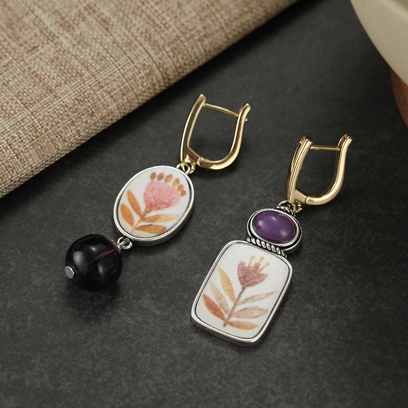 TEMU Asymmetrical Women's Pendant Earrings, Designed With Watercolor Flower Patterns, Suitable For Casual Vacations, Dates, And Versatile Earrings