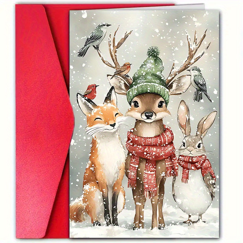 TEMU 1 Warm Winter Christmas Card With Envelope - Cute Design Featuring Deer, Rabbit, And Fox, 4.72x7.09 Inches Cozy Animal , Perfect For Family, ,