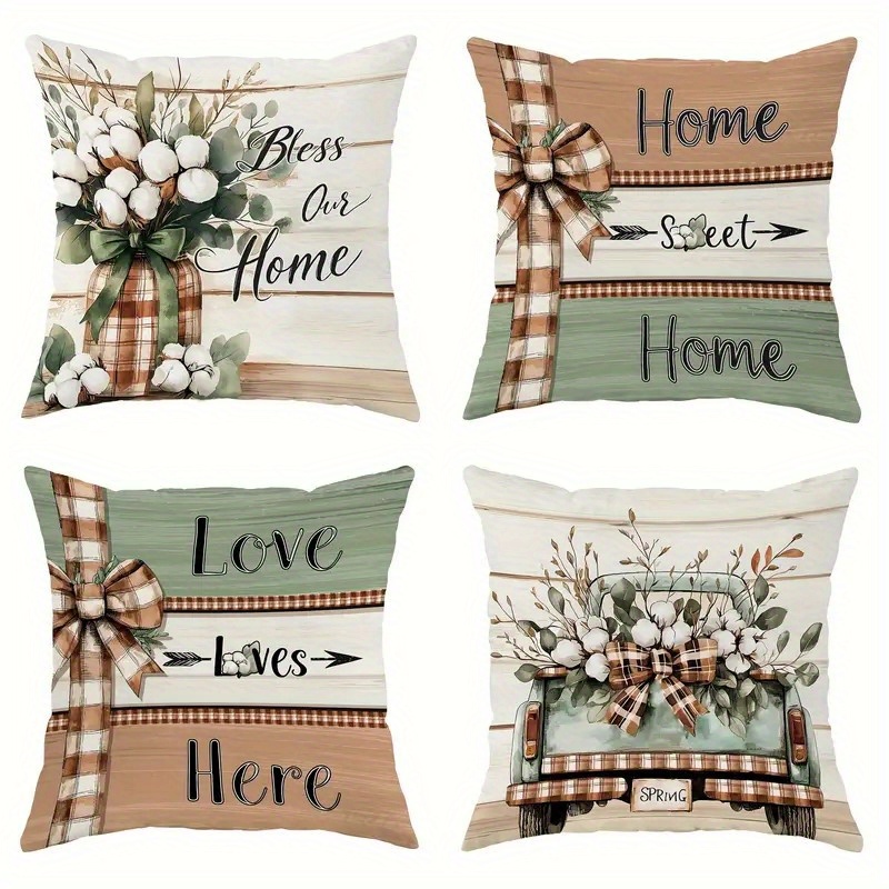 TEMU 2d Flat - 4pcs, Country Style Pillow Covers, Floral, Bow And Geometric Pillowcases, Pillowcases, 2d Single-sided Printing, 3 Sizes , Zipper