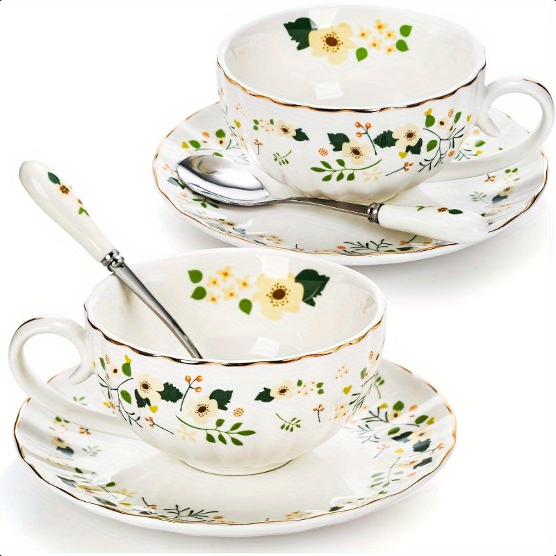 Tea Cup Set Royal Tea Cups Set With Saucers And Metal Stand 8 Oz White Porcelain Tea Set British Coffee Cups(4 Pcs