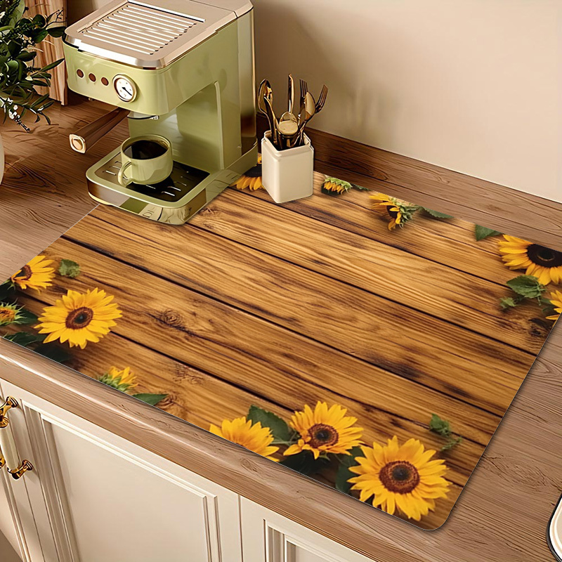 TEMU 1pc Sunflower Vintage Print Dish Drying Mat, Coffee Maker Mat, Absorbent Placemat, Washing Machine Mat, Table Mat, Rubber-backed, Suitable For