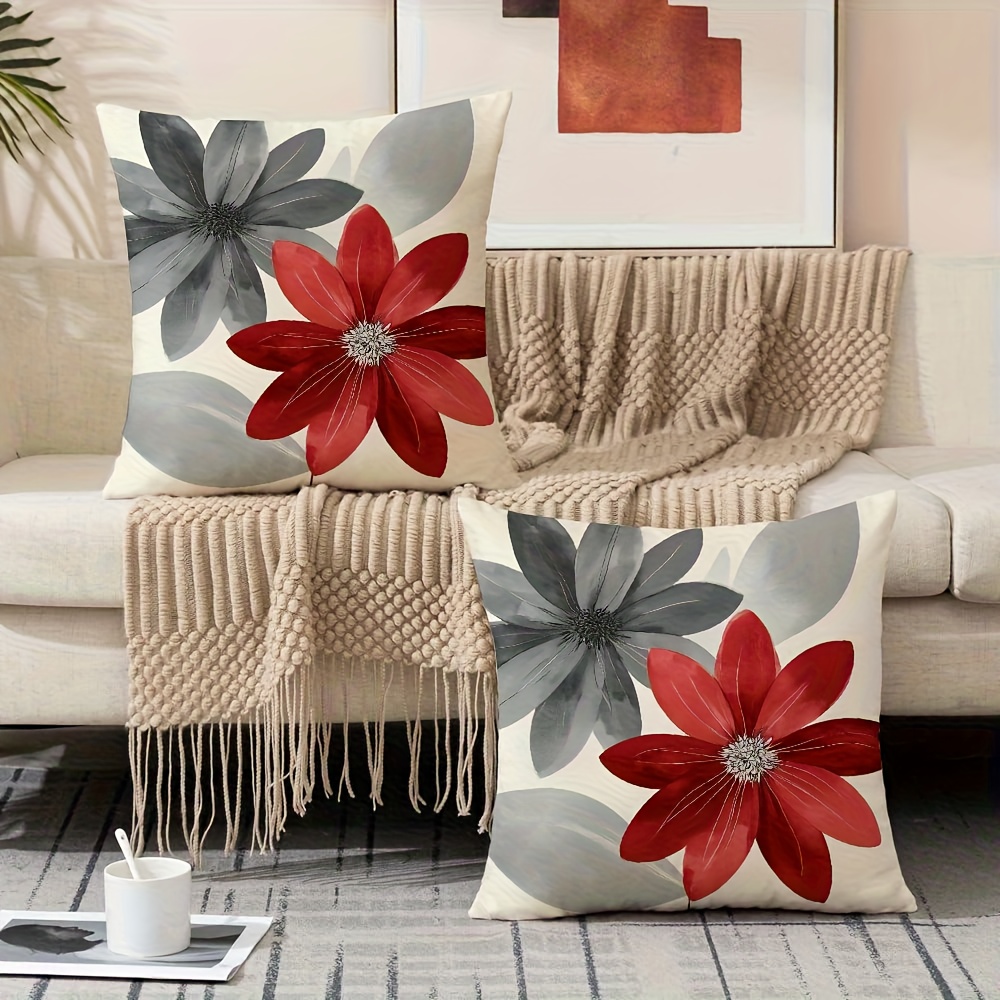 TEMU Set Of 2, Red And Gray Floral Pattern Pillow Covers, , Single-sided Print, Suitable For Sofas, Outdoor Cars, And Various Home Decorations, Made