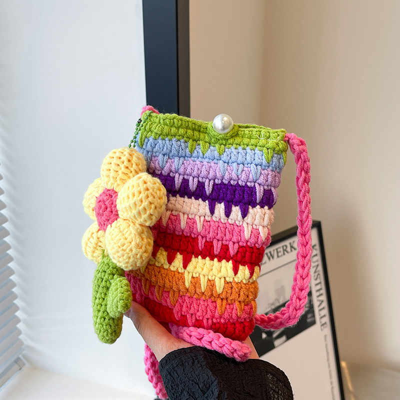 Image of Rainbow Crochet Crossbody Bag For Women, Handmade Knit Flower Phone Bag, Mini Colorful Crochet Shoulder Purse, Cute Woven Sling Bag For, Summer Casual Small Bag For Beach, Travel