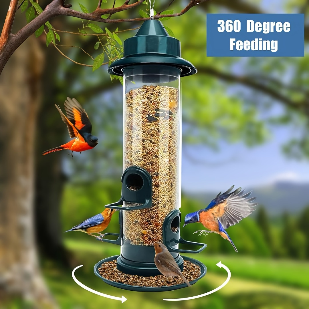 Image of An Outdoor Hanging Bird Feeder With A Tubular Design, Featuring 4 Feeding Ports, Made Of High-quality Hard Plastic, Suitable For Camping And Backyard Birdwatching, No Power Source Required