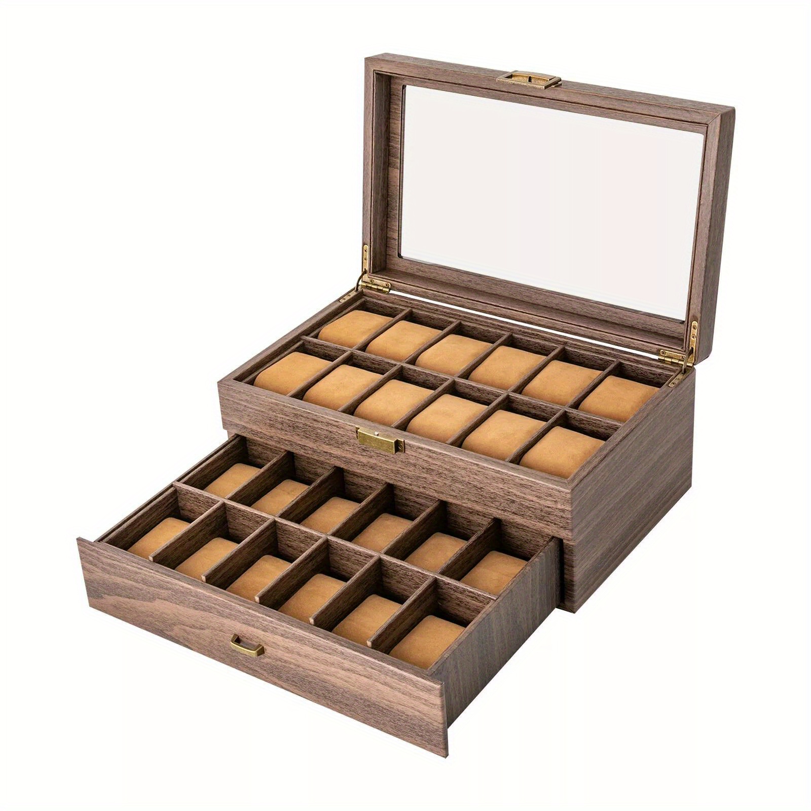24-Slot Large Watch Box with Drawer - Heavy-Duty PU/MDF Construction, Golden-Tone Hinges & Brown -like Texture - Heavy-Duty Watch Display Case with Glass-Front Doors & Soft Cushioned Compartments for Men s Jewelry & Watch Storage - Ideal for Home, Retail, Collector s Use -   Rectangular Design with Golden-  Hardware, 34x21x15cm, 24-Slot Capacity,   Lid & Drawer for  , Watch Jewelry Box, Watch Box for Men, Box for Watches,