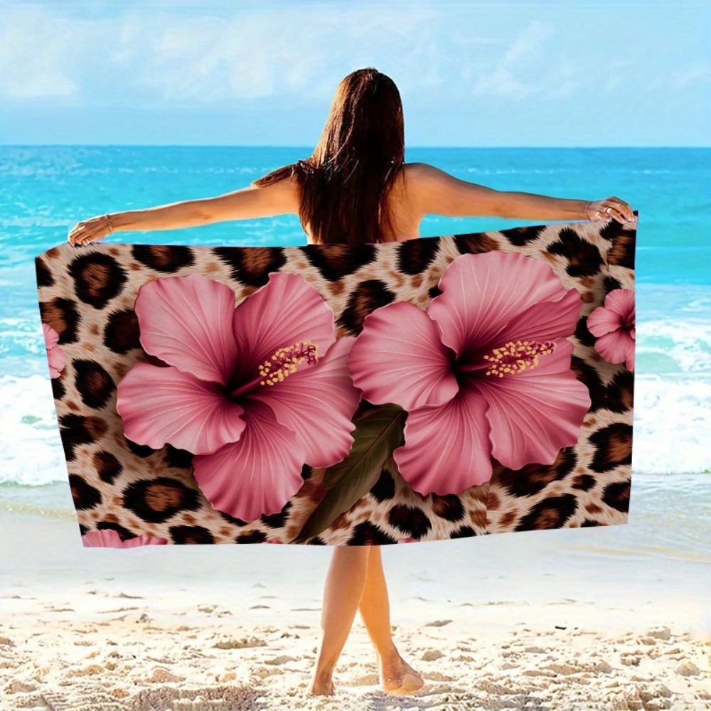 TEMU 1pc Leopard Print Beach Towel With Pink Flowers, Fashionable Print, Essential For Seaside Vacations, Suitable For Travel, Picnics, , Camping,