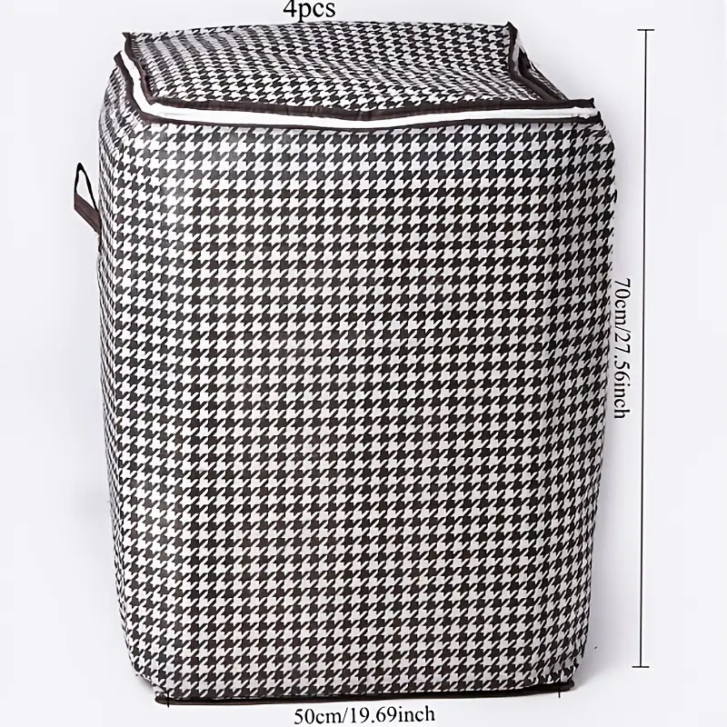 TEMU 4pcs Of Large Storage Bags - Black-and-white Checkered Pattern With Dual Zippers; Features Lids, Stackable Design, And Carrying Handles, Making