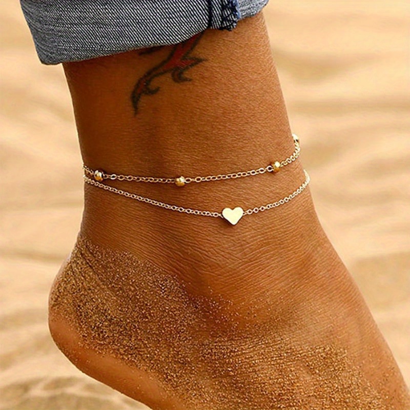 TEMU 1pc Heart Charm Ankle Chain For Women - Golden-tone Bohemian Elegant Minimalist Jewelry, Durable Versatile Beach Vacation Party Commuting Accessory, Ideal Gift, Party Accessories, Quality