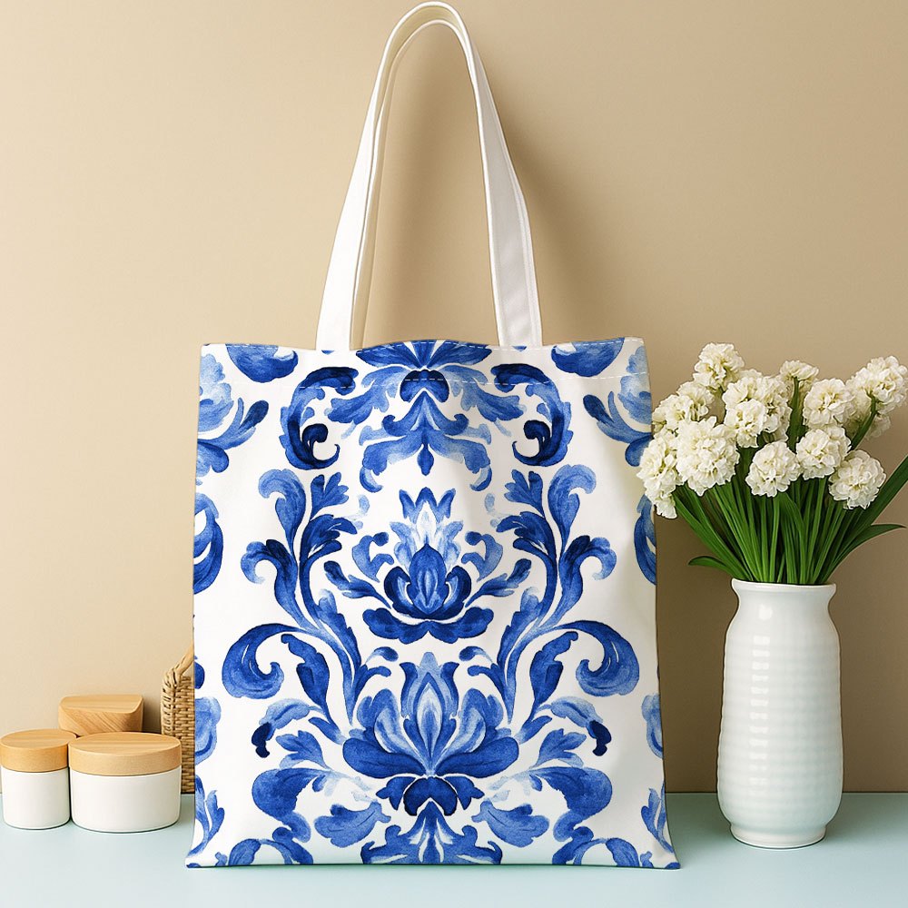 TEMU Women's Classic Mediterranean Art Print Tote Bag 1pc, Blue And White Tile Texture Shoulder Bag, With Fixed Shoulder Strap, Durable Unlined
