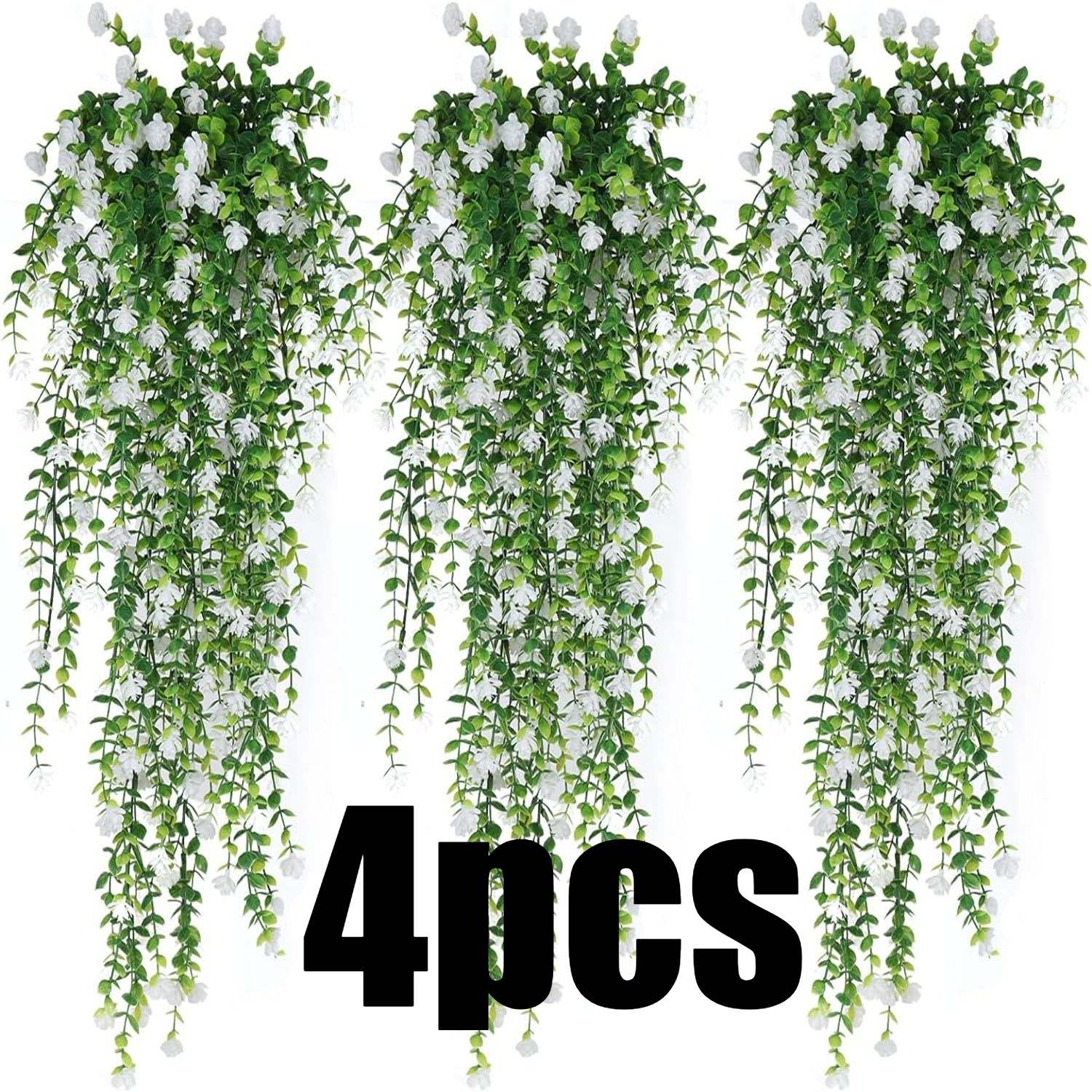 4pcs artificial hanging flowers plants outdoor   vine plant   ferns plants uv resistant faux hanging eucalyptus ivy greenery plastic plants for wall garden porch decor white 4pcs outdoor decor patio decoration artificial foliage